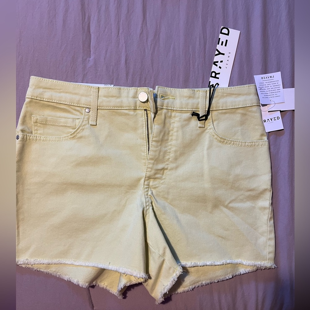 Frayed Yellow High Rise Denim Shorts